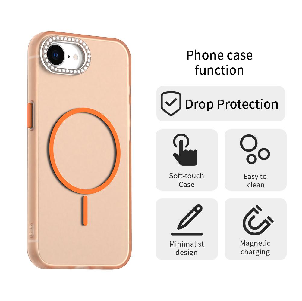 For iPhone 16e Case Compatible with MagSafe TPU+PC+PET Phone Cover Rhinestone Decor Lens Frame