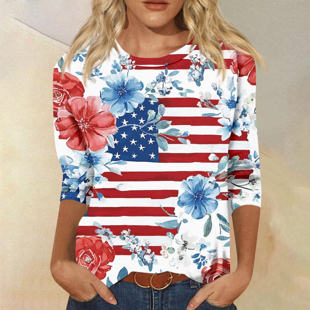 Женская Модная Повседневная Футболка с Семирукавным Принтом на День Независимости с Круглым Вырезом