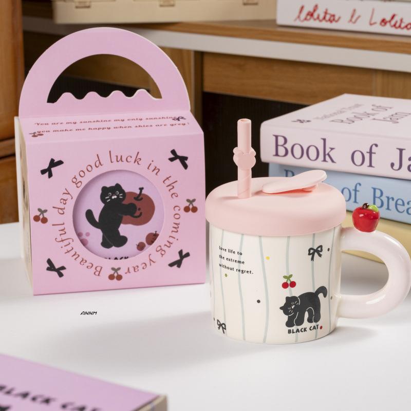 Сувенирная кружка-яблоко высокой ценности с крышкой, подарочная коробка, бытовая чашка для воды, милая кружка с соломинкой, керамическая кофейная чашка