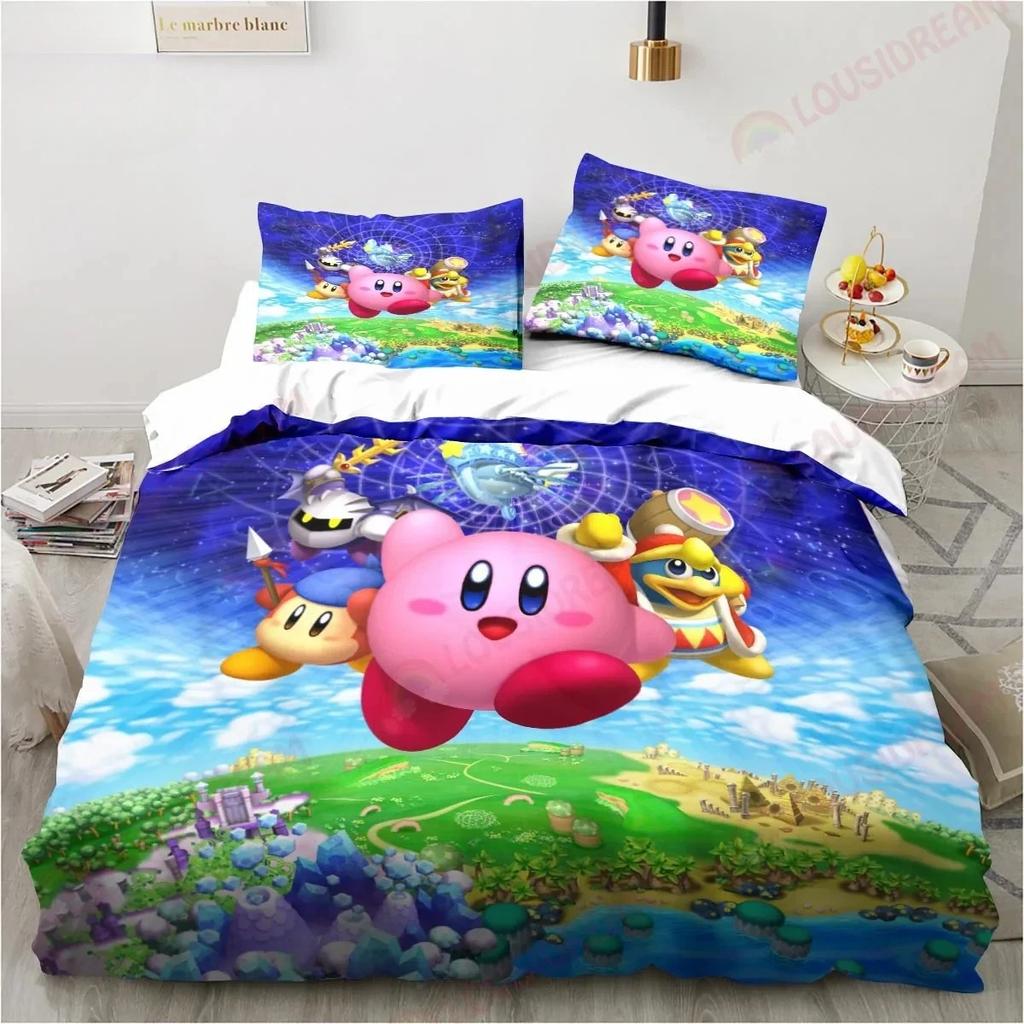 Мультяшный принт Кирби Постельное белье Пододеяльник, Набор из 2 предметов Пододеяльник Подходящая наволочка с застежкой-молнией Мягкая микрофибра Односпальный