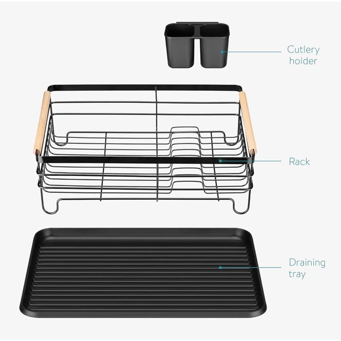 Égouttoir à vaisselle - AIMOONSA - Modèle Compact - Noir - Plateau récupérateur - Porte‑couverts amovible