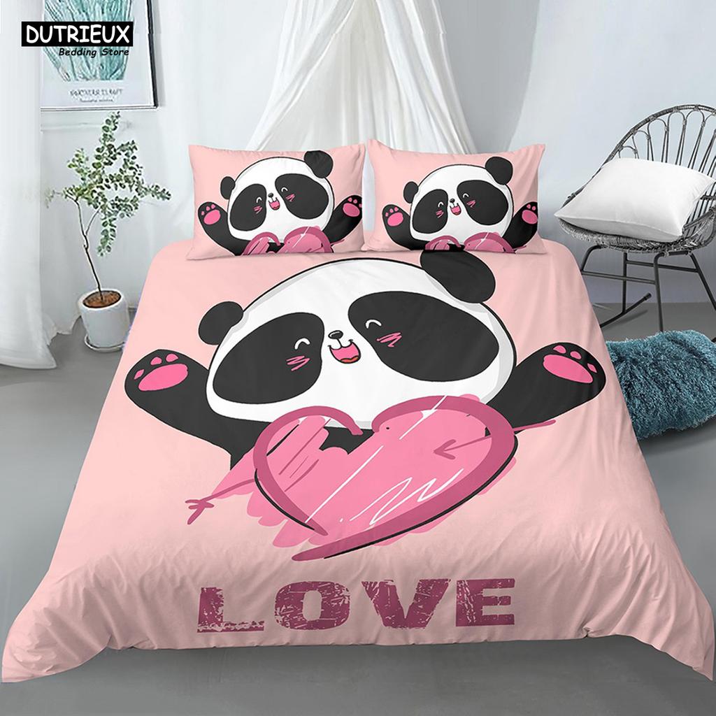 Мультяшный Милый Комплект Постельного Белья Панда Белое Постельное Белье 3D Принт Подарок для Девочек 2/3 предмета Полуторный Односпальный Двуспальный Королевский Размер Комплект Пододеяльника