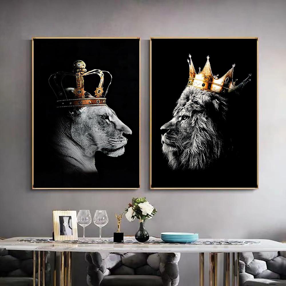 Black Lion King and Lioness Queen Poster Prints Animal Wall Art Picture Canvas Painting Home Decoration for Living Room