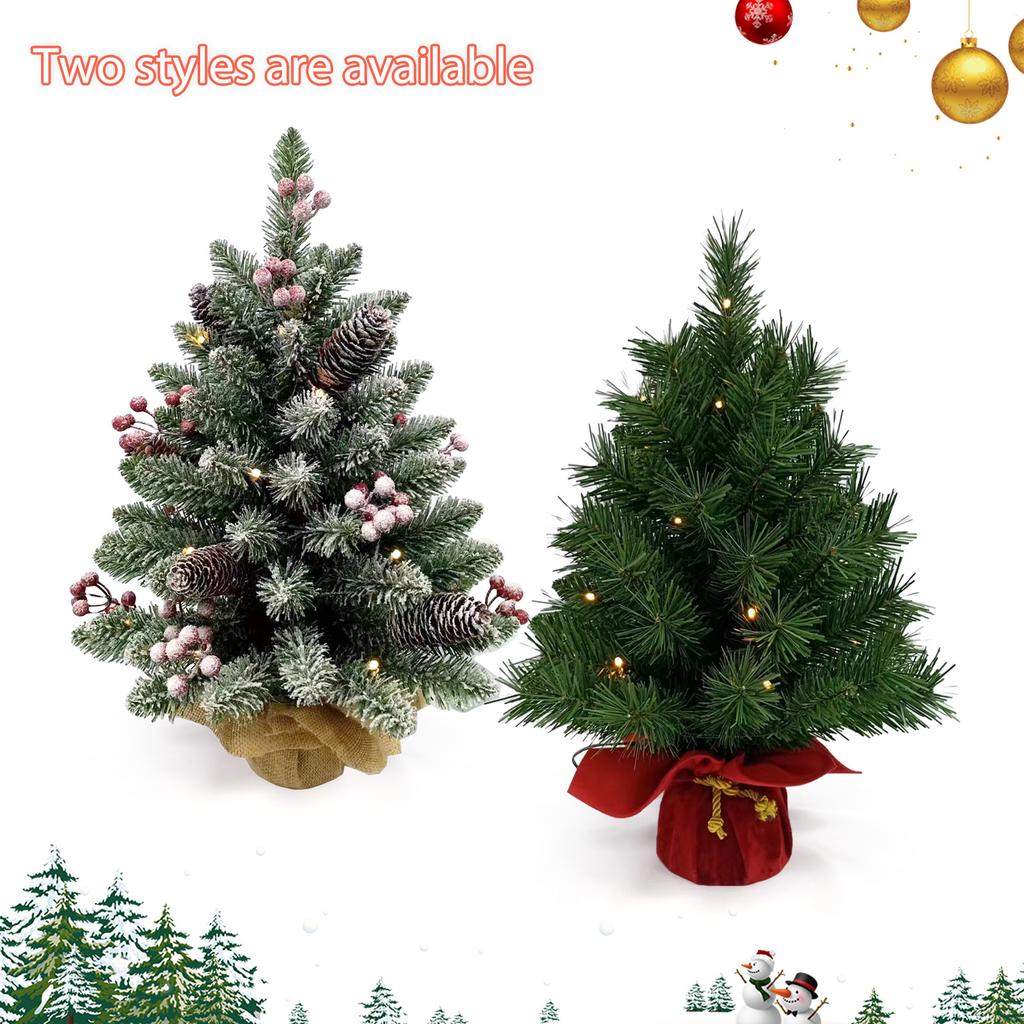 20 Inch Small Christmas Tree Tabletop Decor with Warm White LED Light String Red Fruit Plastic Pine