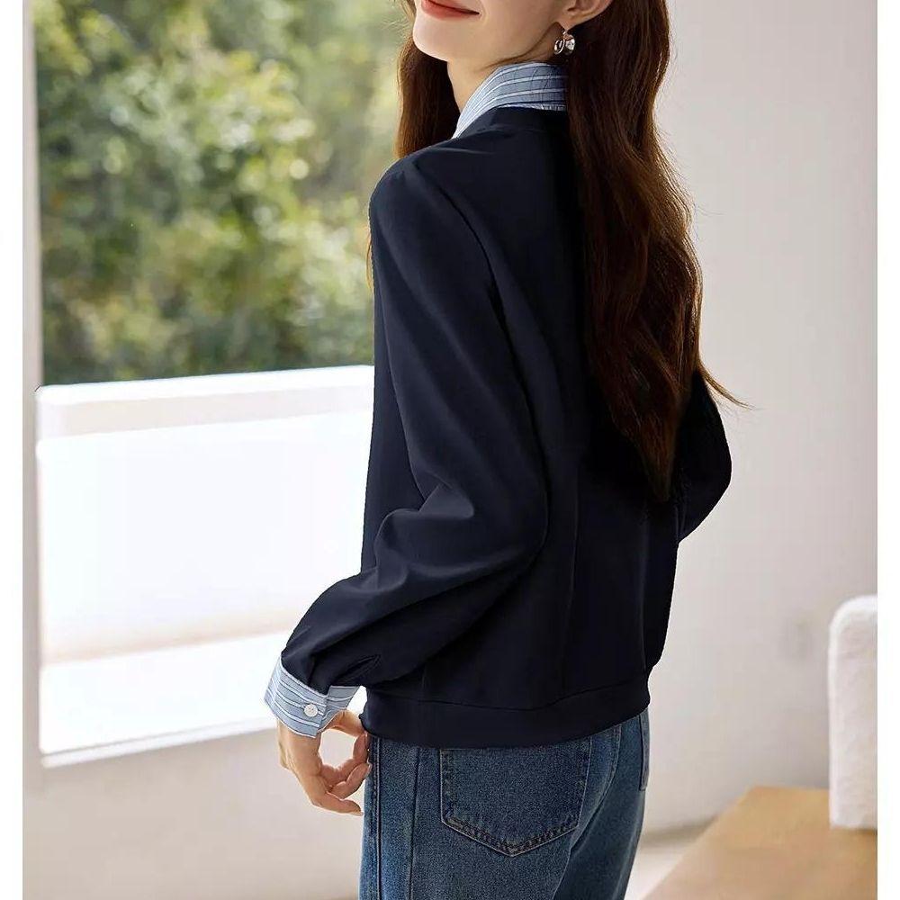 Поддельный двухкомпонентный полосатый свитер-пуловер, новый повседневный простой и универсальный тонкий топ с длинными рукавами на весну и осень