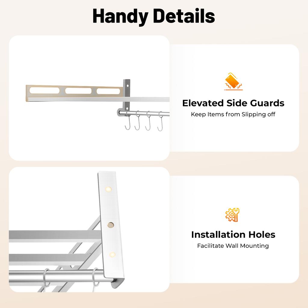 Stainless Steel Microwave Shelf Wall Mount, 18kg Load Kitchen Storage Rack with Hooks for Home Commercial Use