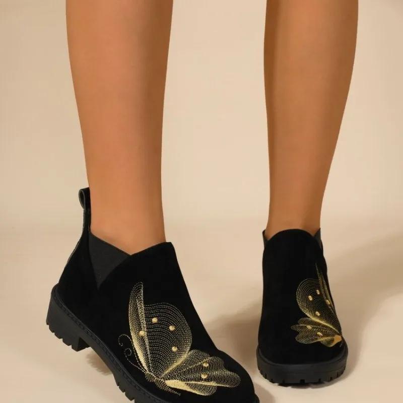Fashion European American Women's Boots 2024 Autumn New Item Large Embroidered Butterfly Short Tube Elastic Women's Bare Boots Sneakers