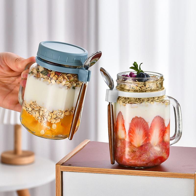 Portable Overnight Oat Glass Cup Water Mug With Spoon Breakfast Salad Can Yogurt Tumbler Heat Resistant Juice Milk Cup