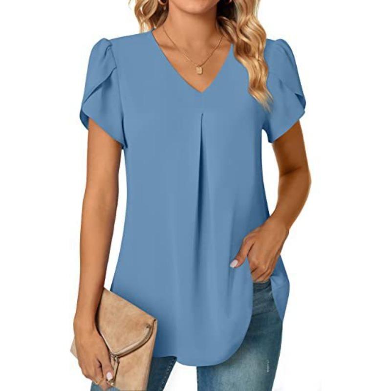 Women's Fashion Casual Summer Solid Color Print Short Sleeve V-Neck Blouses & Shirts