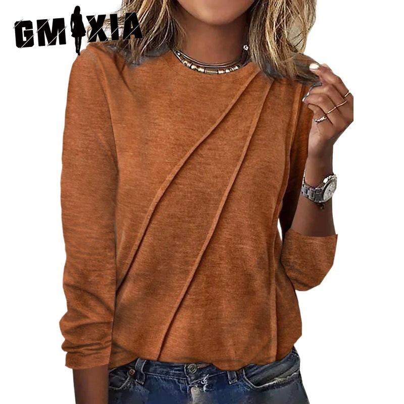 GMXIA Autumn Winter Solid Color Long-sleeved Pullover T-shirt Crewneck Top Women's Wear