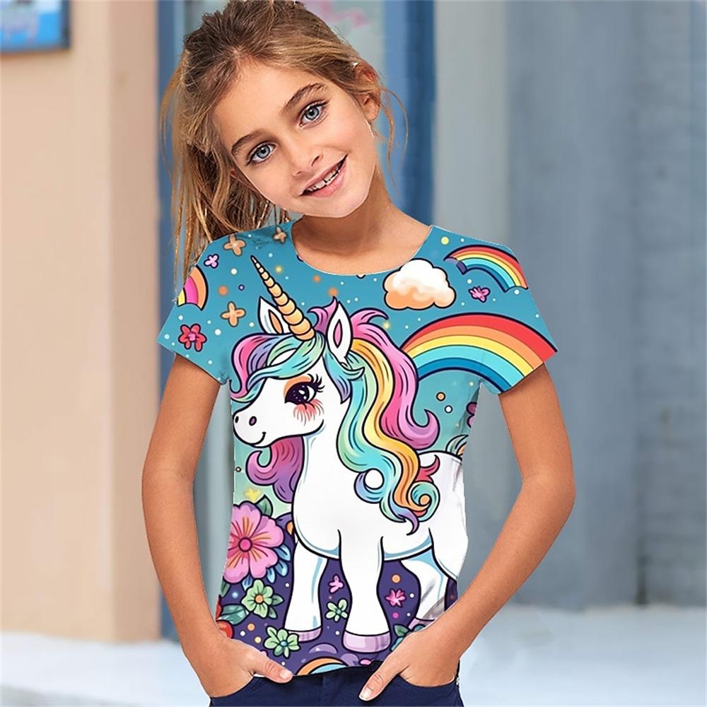 2025 Милая футболка с 3D-принтом для девочек с изображением животных, милые футболки для девочек, детская подарочная футболка с коротким рукавом, повседневный топ, детская одежда