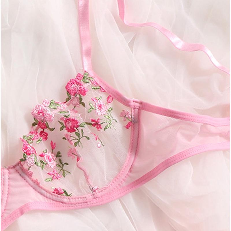 Женское сексуальное женское белье на косточках, комплект с бюстгальтером, новый летний сетчатый перспективный цветочный кружевной комплект с вышивкой, эротическое нижнее белье