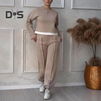 Женский комплект из 2 предметов: топ и брюки, круглый вырез, длинные рукава, контрастная цветная блузка, свободные брюки до щиколотки, спортивный повседневный наряд, осенне-весенний спортивный костюм