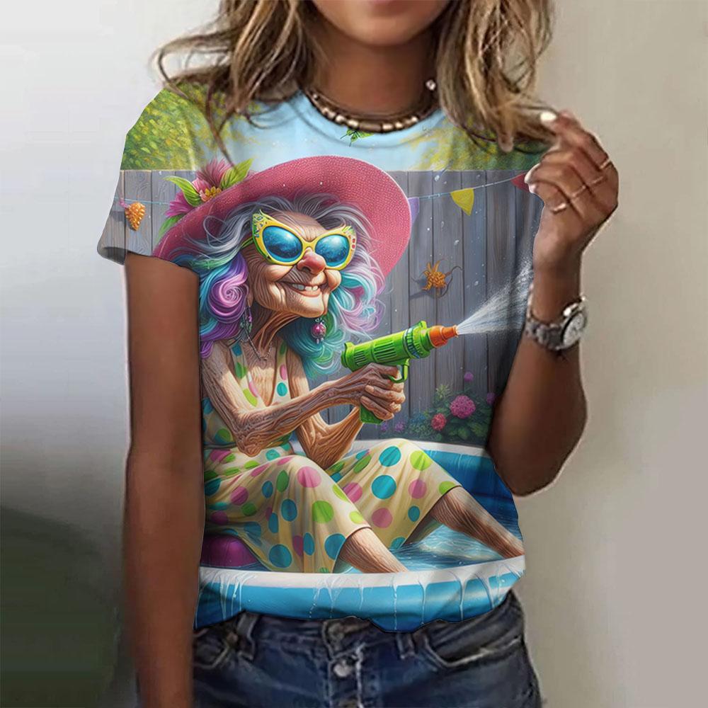 Летняя мода забавный мультфильм бабушка 3D принт футболки женская уличная одежда короткий рукав футболка с круглым вырезом топы одежда
