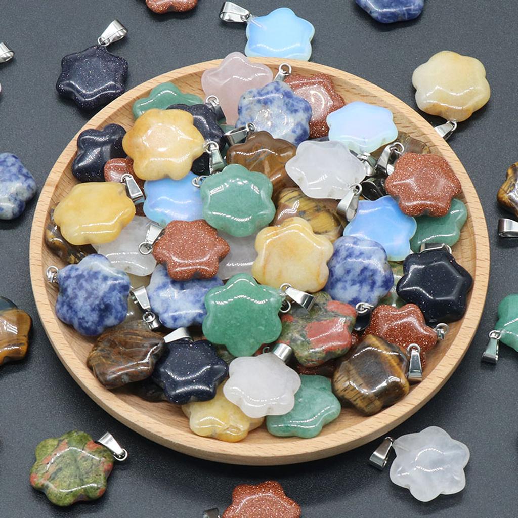 9Pcs, Elegant Flower Crystal Pendant Necklace, Natural Stone Jewelry for Women | Boho Chic DIY Craft | Healing Crystal Energy, Quartz Gems Charms 20mm