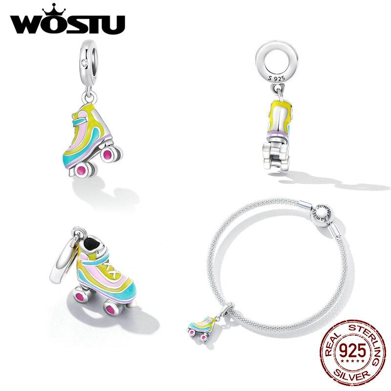 WOSTU Стерлингового серебра 925 пробы, роликовые коньки, спортивный Шарм, подвеска из бисера, подходит для оригинального браслета, ожерелья для женщин, ювелирные изделия