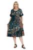Women's Big Size Dress Petrol Ethnic Pattern Pocket Ruffle Short Sleeve Midi Dress
