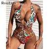 Leopard Floral Metal Ring Wrap Around Cut Out Monokini One Piece Swimsuit Women Swimwear Female Bather Bathing Suit Swim