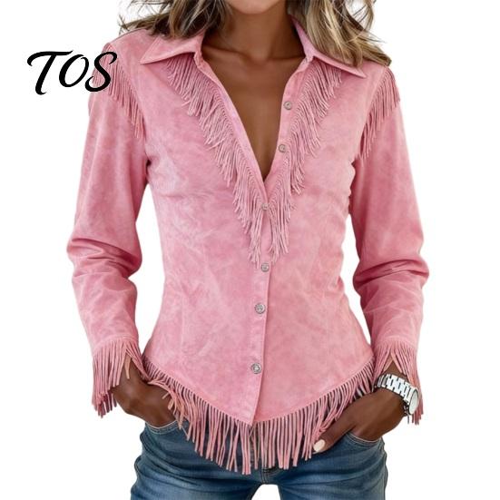 Slim Fit Fringe Blouse Women Tassel Shirt for Autumn, Button Down Everyday Wear Blouse, Solid Color Casual Long Sleeve Top, Western Cowgirl