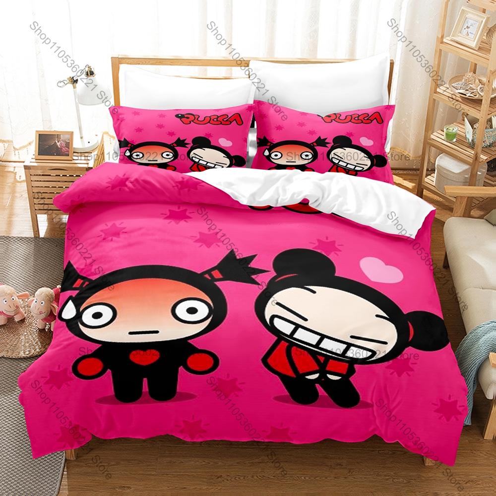 Крутое Мультяшное Постельное Белье Pucca & Garu 3 Предмета Прекрасный Узор K-pop Комплект Пододеяльника Односпальный Twin Full Queen King Size Декор