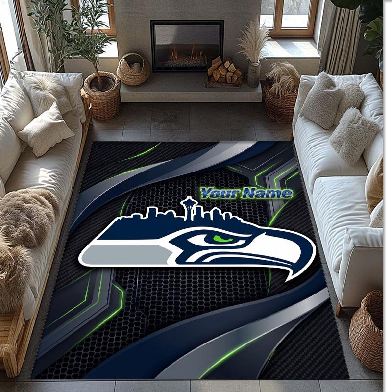 Seattle Seahawks Crystal Velvet Rug, Custom Name Text Personalized Non‑Slip Floor Mat for Home Decor Gift