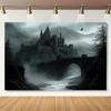 2D graphic design 1 large Gothic castle wall decoration banner - Medieval style misty mountains and dark river landscape.PMJ