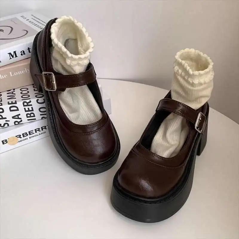 Модная обувь на толстой подошве и высоком каблуке для женщин, весна-осень 2025, неглубокая, со сборками, в стиле преппи, студенческая обувь, кожаная обувь