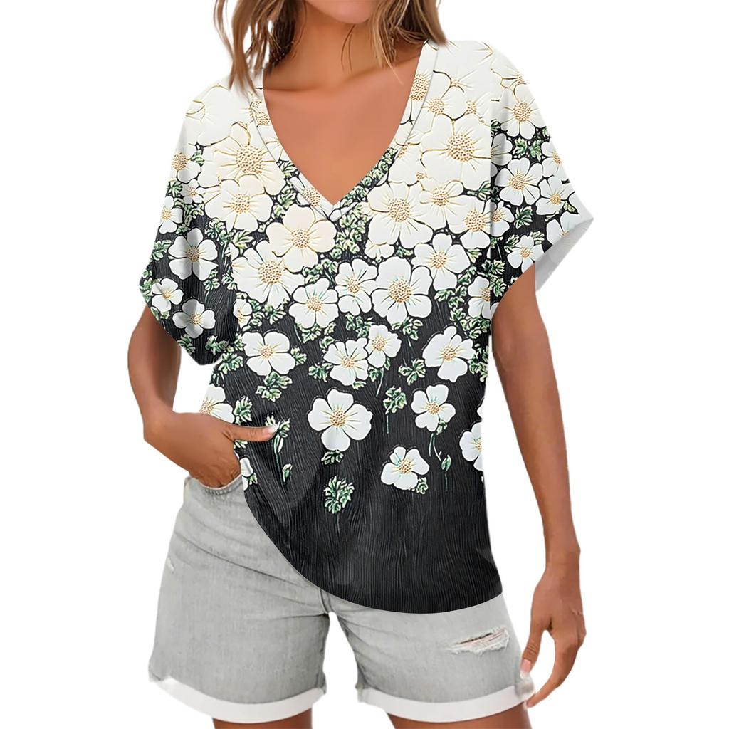 Womens Short Sleeve V-Neck Shirts Floral Print Loose Casual Basic Tees Summer Tops