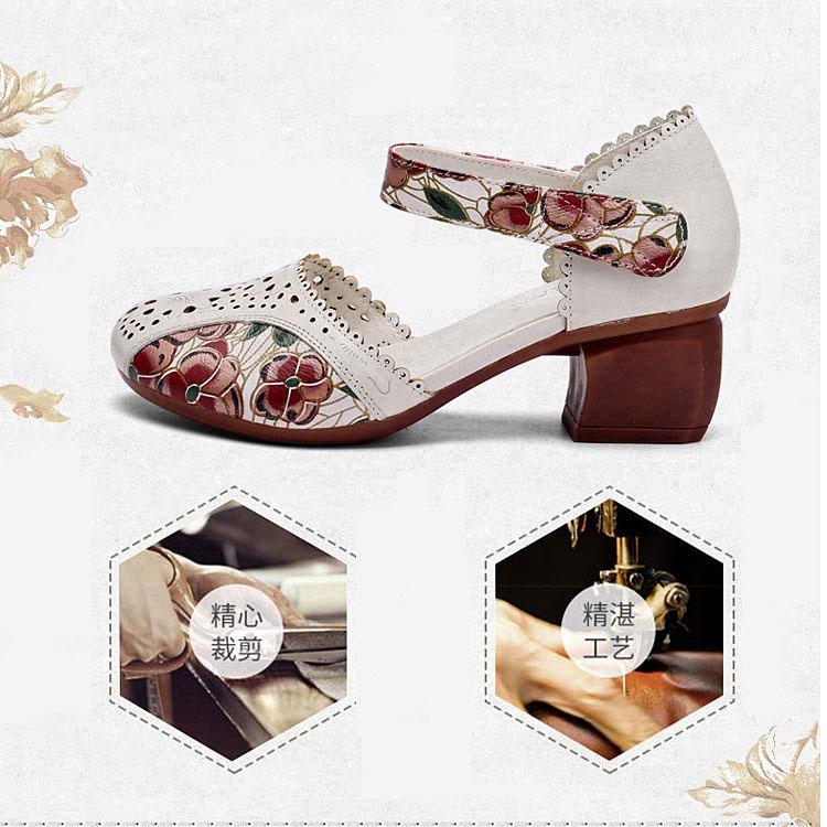 Retro Ethnic Sandals Women Genuine Leather Thick Heel Soft Sole Wrapped Toe Anti-skid Hollow Middle-aged Mother Shoes Middle Heel Hole Shoes