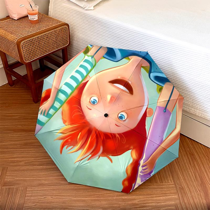 Pippi Longstocking pattern, automatic folding umbrella, portable and foldable design, 8 ribs, a Christmas or birthday gift.