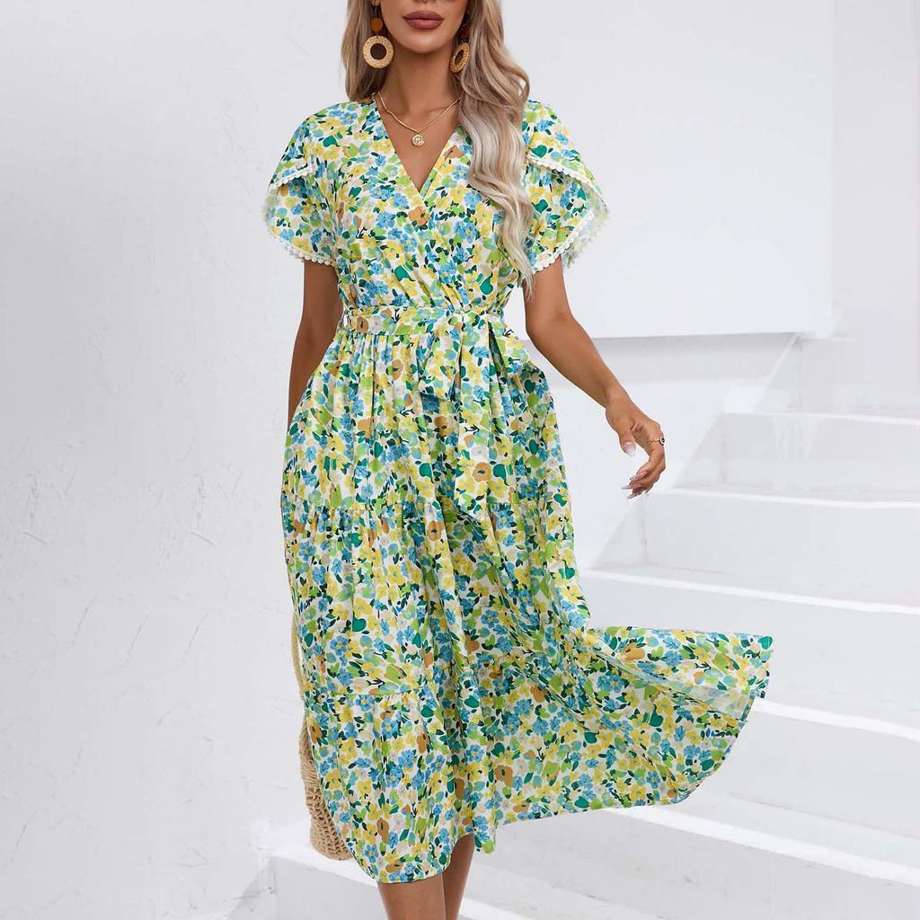 Женское летнее платье с короткими рукавами и высокой талией в этническом стиле на шнуровке