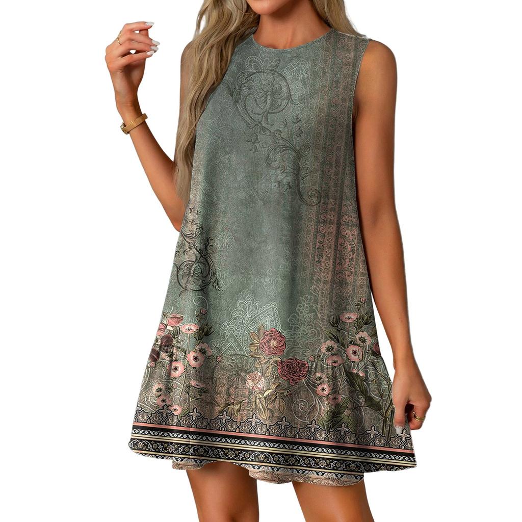 Women's Fashion Casual Sleeveless Round Neck Ruffle Vintage Printed Dresses