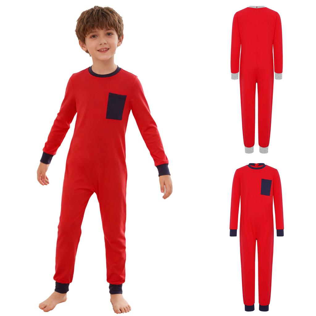 Children’s Special Needs Clothing Long Sleeve Round Neck Jumpsuit Anti-Strip Back Hidden Zipper Contrast Color with Utility Pocket