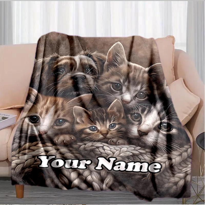 1PC Custom Name Kittens Puppies Together flannel blanket versatile, all-season throw suitable for the living room, bedroom, camping, travel, and gift