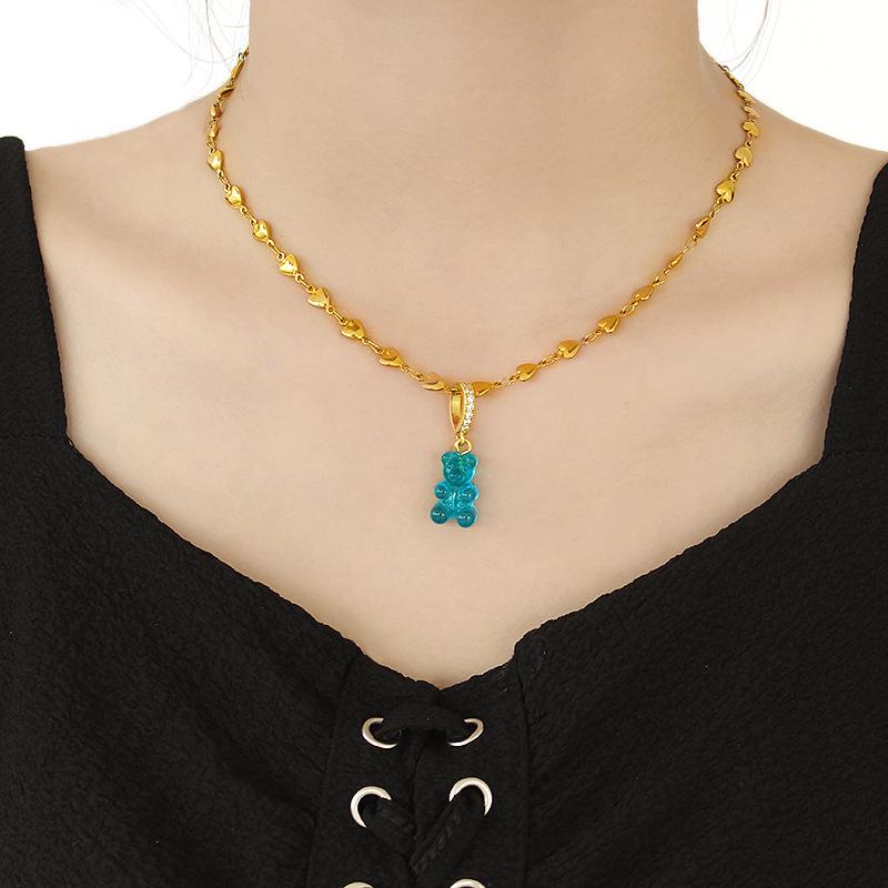 Европейское и американское ожерелье с подвеской в виде разноцветного мармеладного мишки в форме сердца с золотым покрытием для мужчин и женщин: Корейский горячий стиль