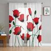 Botanical Red Poppy Flower Sheer Curtains For Bedroom Living Room Tulle Curtains For Kitchen Window Voile Curtains