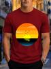 2026 New 100 Cotton Tshirt Retro Gradient Sunset Ocean Seagull Circular Landscape Print Unisexs Casual Tee Casual Short Sleeve