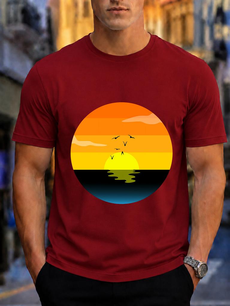 2026 New 100 Cotton Tshirt Retro Gradient Sunset Ocean Seagull Circular Landscape Print Unisexs Casual Tee Casual Short Sleeve