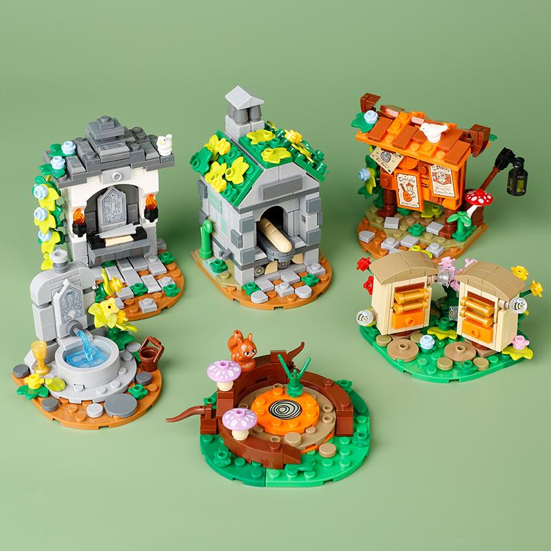 MOC Средневековая городская сцена Строительные блоки Доска объявлений Таверна Камин Костер Судейское место Вид улицы Кирпичная игрушка