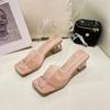 2024 Summer New Women's Slippers Square Toe Open Toe Solid Color Transparent Sexy Comfortable High Heel Shoes for Women