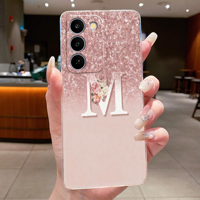 Чехол для Realme C83 5G/P4 Lite 5G, прозрачный силиконовый TPU, противоударный, мягкий корпус, розовый, с блестящим узором 'Счастливая буква от А до Я', парный чехол
