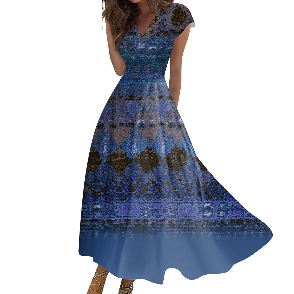 Женское длинное платье Макси-платье Повседневное платье Летнее повседневное платье с короткими рукавами и v-образным вырезом в стиле бохо с талией и принтом