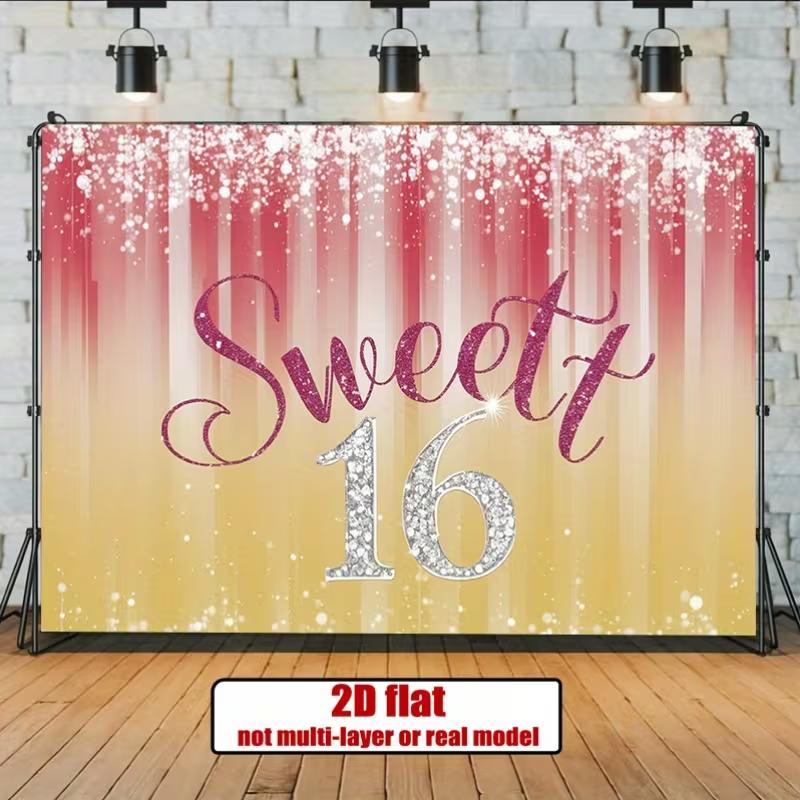 2D Glitter Sweet 16 Backdrop, Pink Gold Sparkle Background for Milestone Celebration