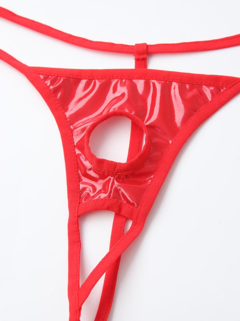 Men Lingerie Patent Leather G-string Bikini Underwear Briefs with Holes