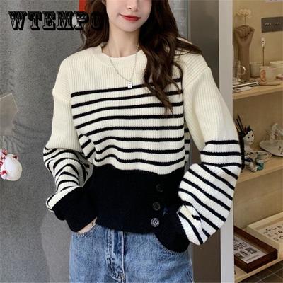 Шикарный осенне-зимний пуловер с круглым вырезом, толстый женский трикотаж, универсальный, свободный, полосатый свитер с длинным рукавом для женщин