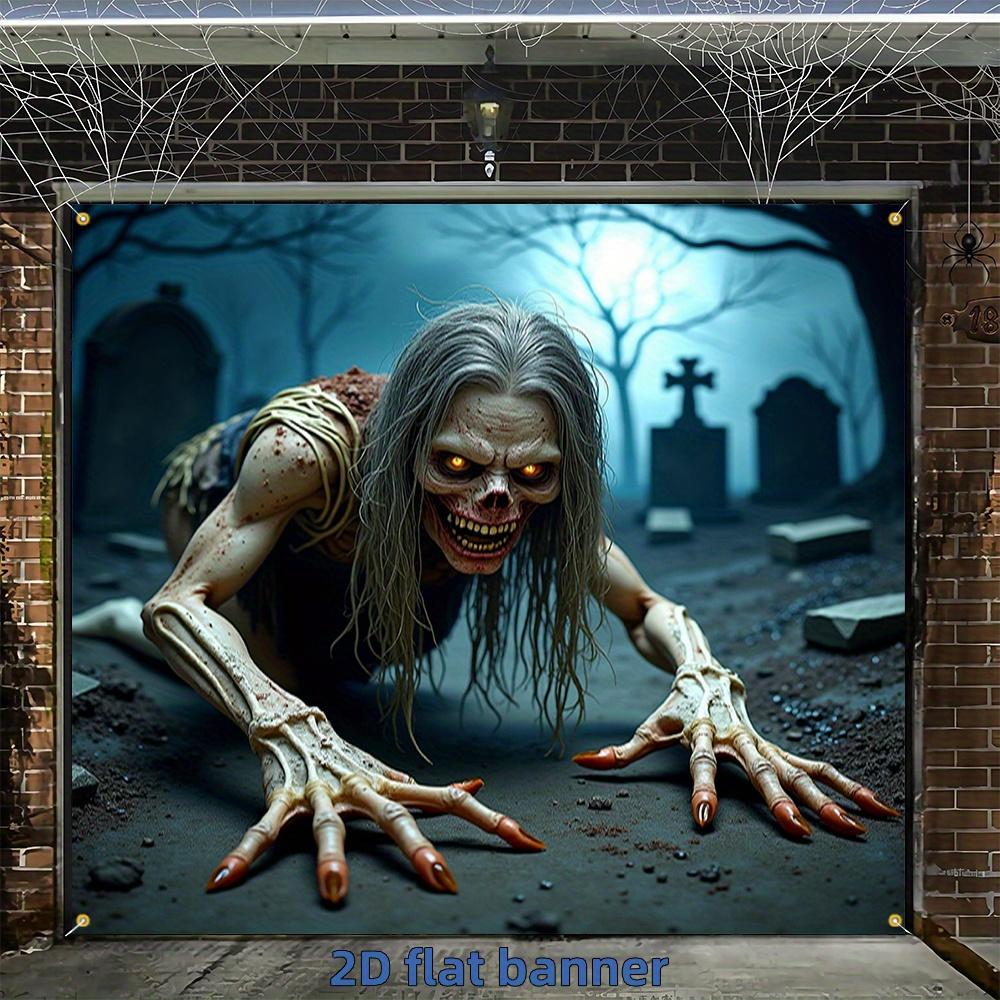 2D flat banner Halloween Happy Garage Door Banner zombies long hair sharp claws blood mouth