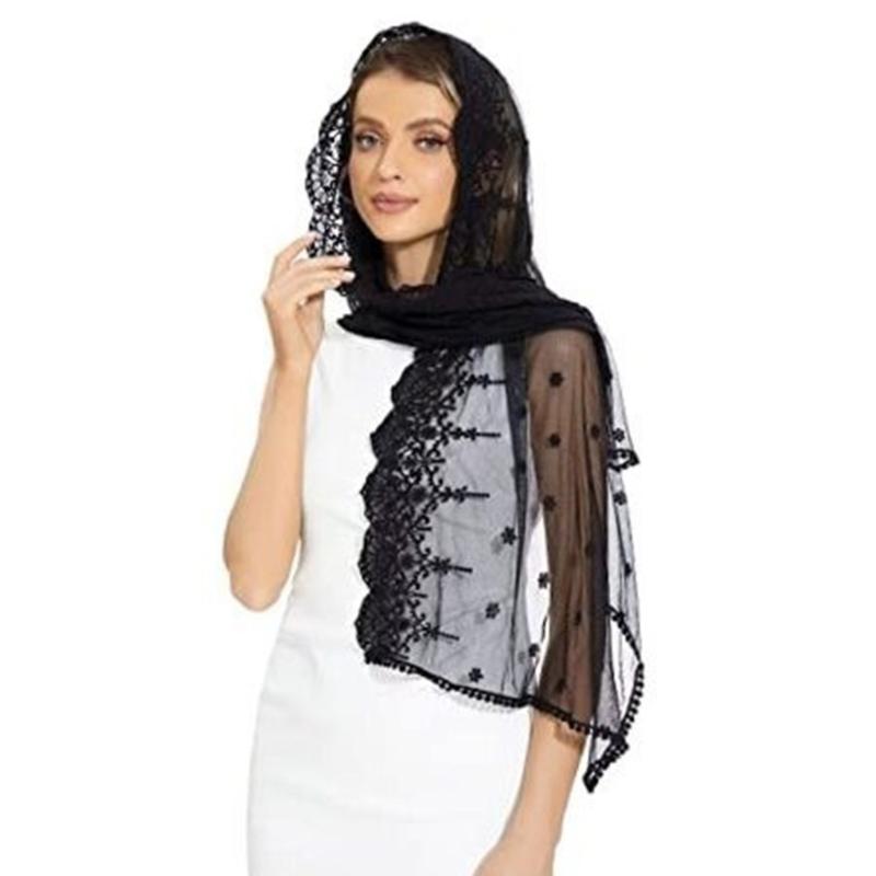 Sheer Lace Turban Headscarf for Women Church Attendance Mantilla Veil Lace Head Covering Shawl Wrap for Worship Service