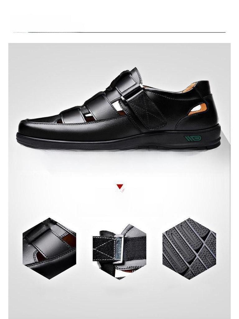 «Мужские черные кожаные нескользящие деловые повседневные сандалии для людей среднего и пожилого возраста»