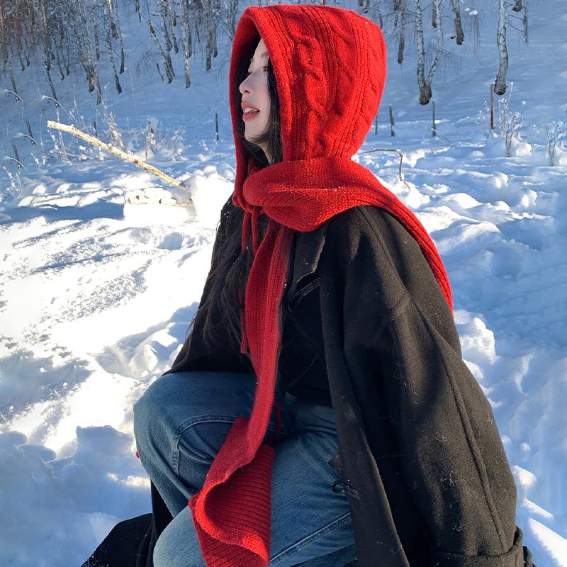Осенне-зимняя теплая шапка и шарф в одном, корейский стиль, однотонная повседневная вязаная шапка