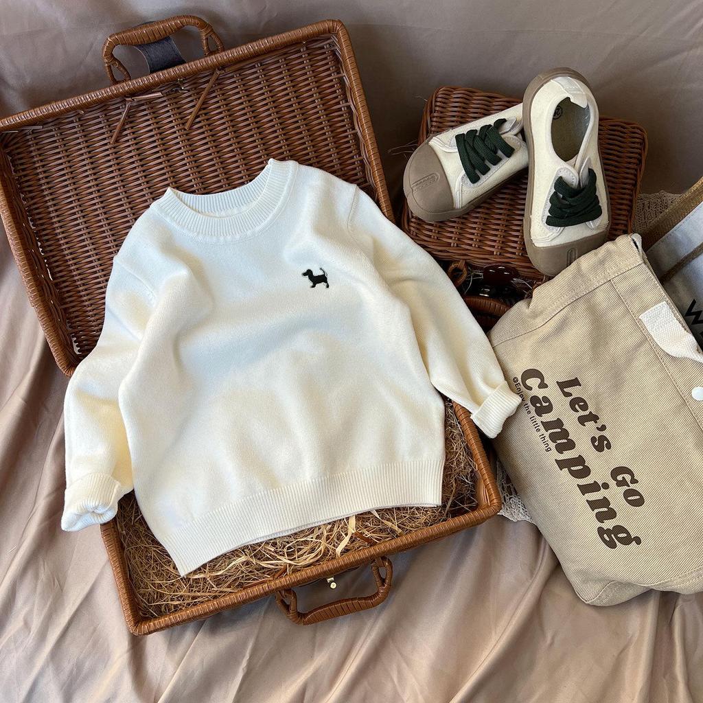Детский вязаный свитер с круглым вырезом - Осень/Зима, Вышитый, Свободного кроя, Унисекс